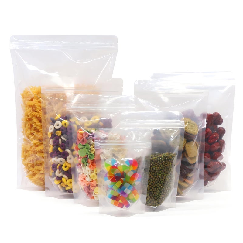 SumDirect 100Pcs 7x10.2 Inches Clear Stand Up Food Bags, Zipper Stand-up Reusable Sealing Food Pouches Snack Packing Bag with Tear Notch Heat Resealable for Storing, Cookie, Snack Tea and Drinking - Image 1